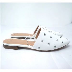 Studded Mule Flats Pointed Toe White Vegan Leather